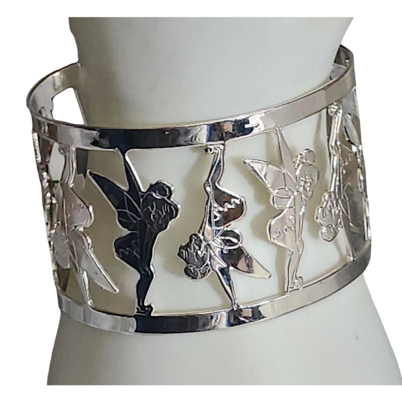 Rare Disney Cutout Silver Tone Tinkerbell Cuff Bracelet - Picture 2 of 4